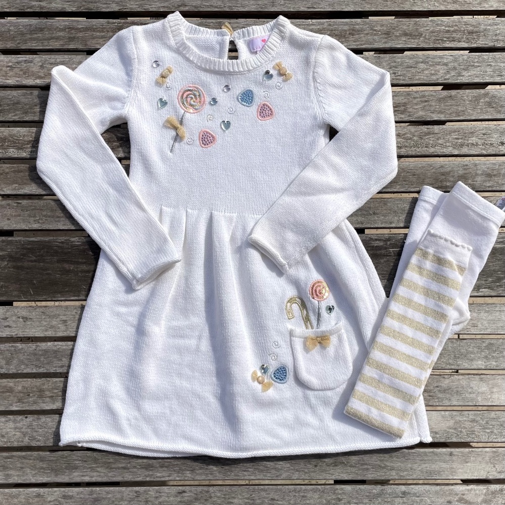 6x Lulurain Sugarplum Fairy Knit Dress Embroidery Gold Striped Footless Tights